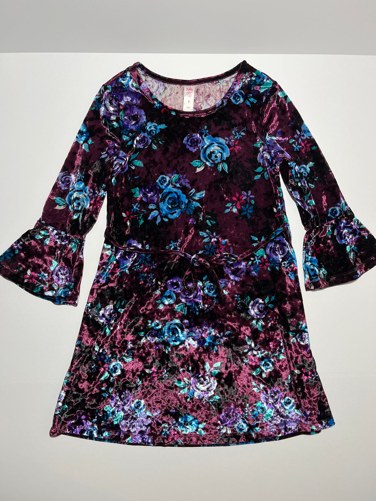 #150 girls 8 justice, crushed velvet, purple floral dress