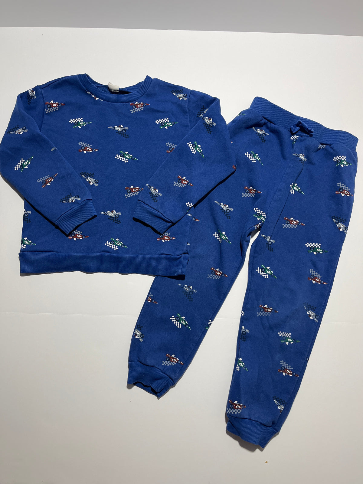 #150 boys 5 pl kids (petit lem) blue race car sweatshirt, and jogger set