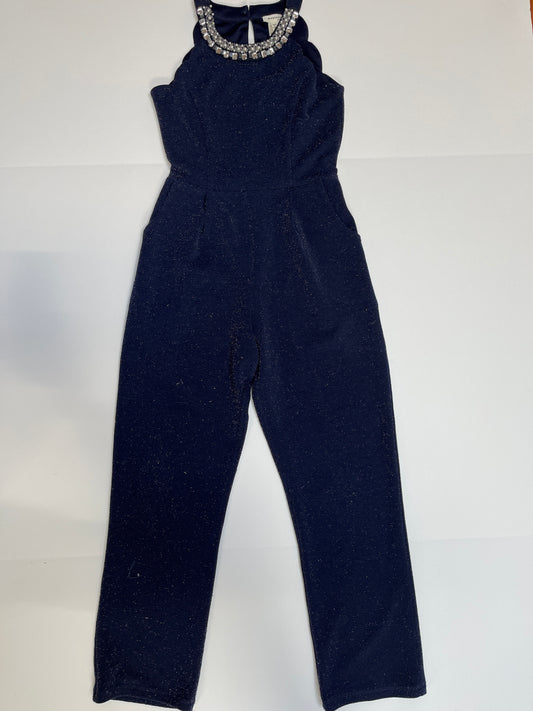 #150 girls size small monteau metallic navy blue jumpsuit