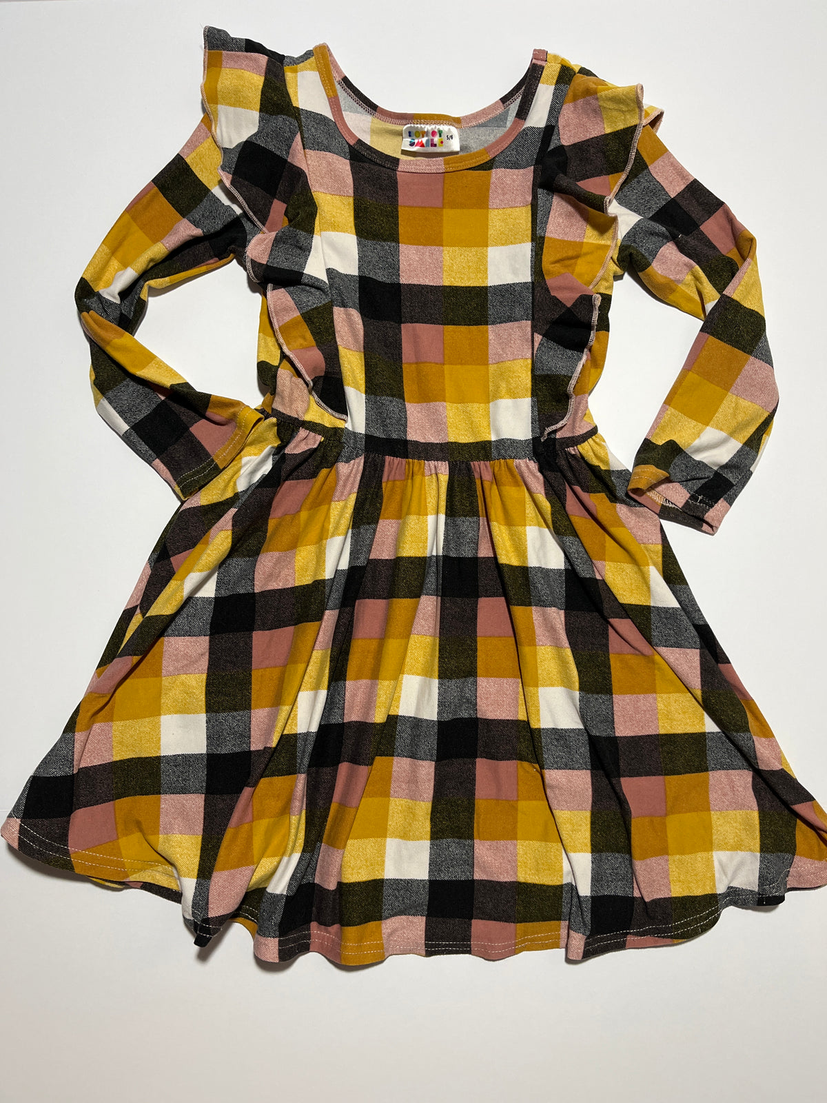 #150 girls 5/6 dot dot smile yellow black plaid ruffle dress