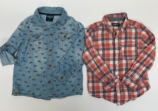 #150 boys size 5t osh kosh button down shirts chambray rhino and coral plaid