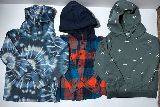 #150 boys 4t hooded long sleeve shirts. Orange plaid, blue tie dye, green cross