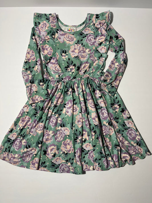 #150 reduced girls size 5/6 dot dot smile teal floral ruffle dress