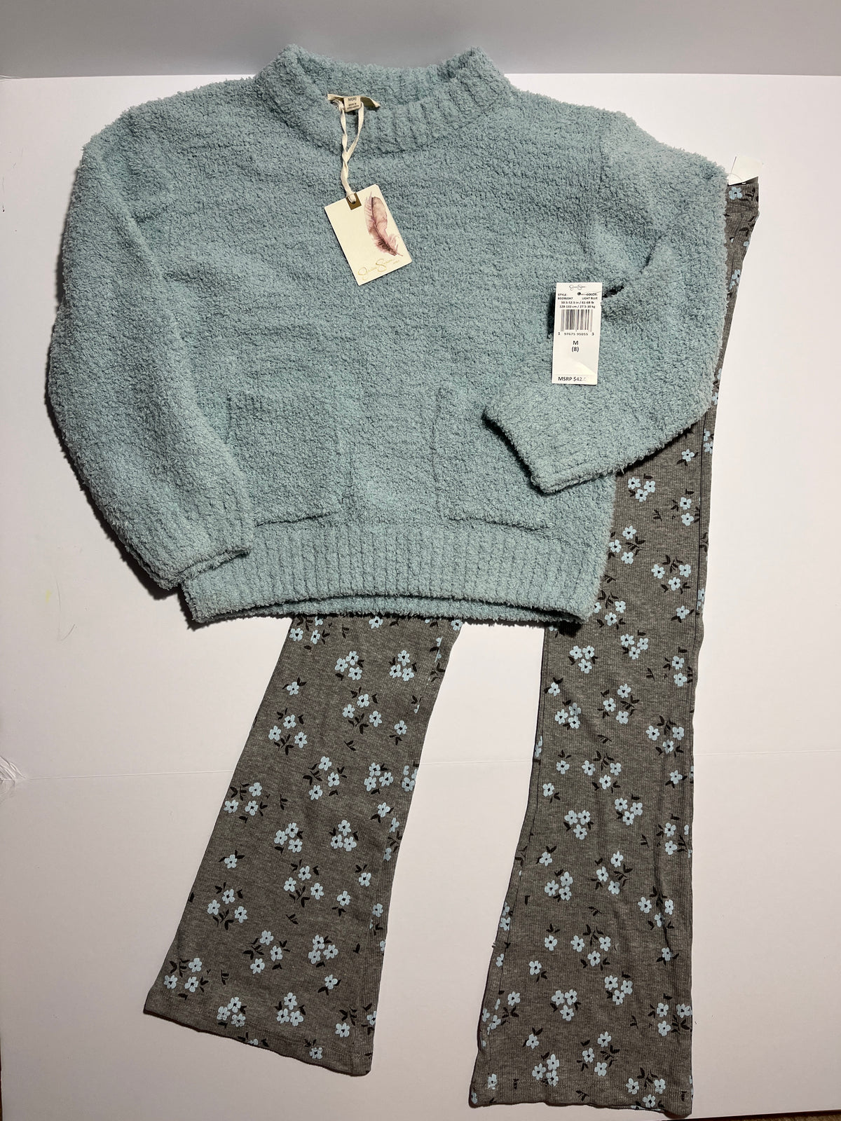 #150 NWT New girls size 8 Jessica Simpson blue, fuzzy sweatshirt and gray floral flare pants.