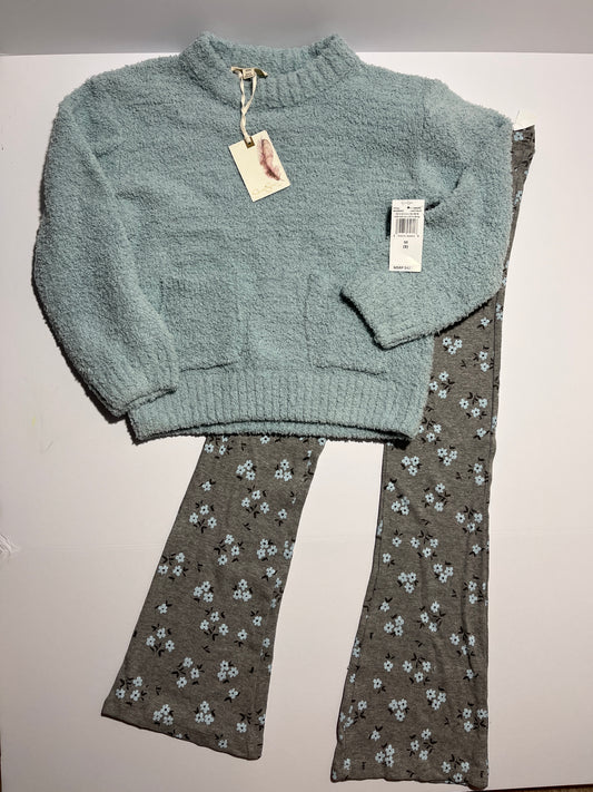 #150 NWT New girls size 8 Jessica Simpson blue, fuzzy sweatshirt and gray floral flare pants.
