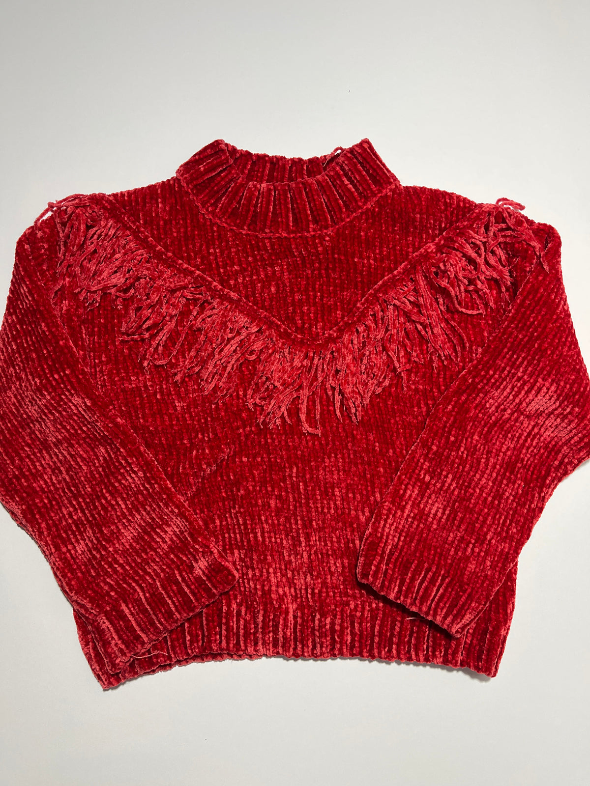 #150 girls size 7 Jessica Simpson chenille soft red sweater with fringe