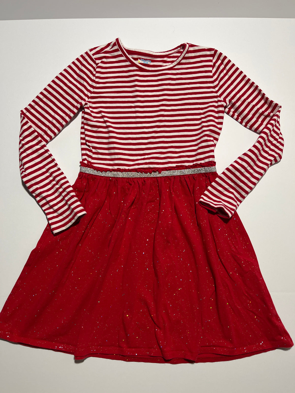 #150 girls 8 lightning bug, red stripe and iridescent glitter skirt dress