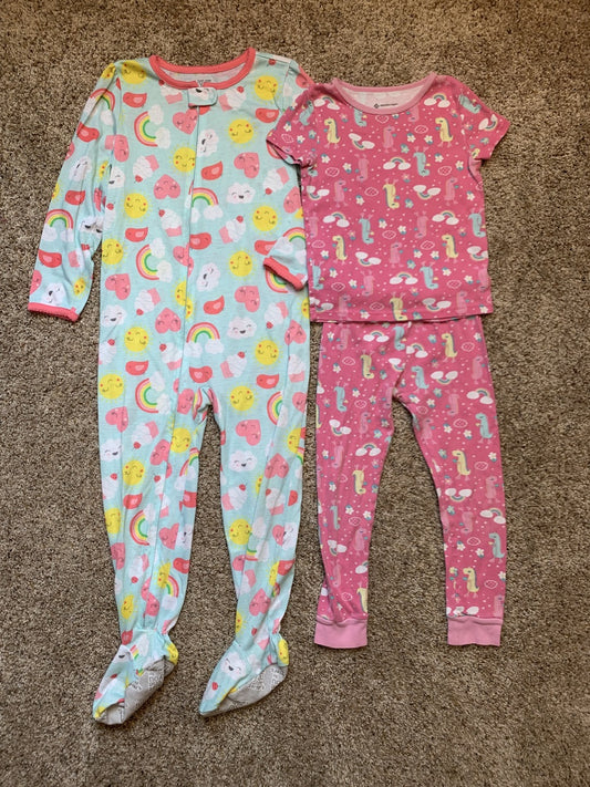 5T Pajama Bundle - aqua rainbow footie and pink dino