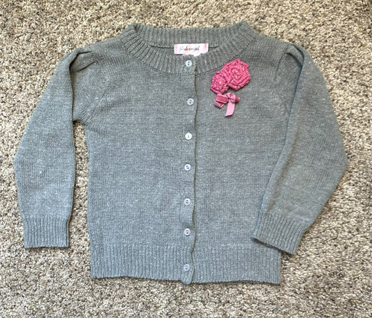 3T Pink Angel brand Grey Cardigan Sweater with Pink Flower Accent