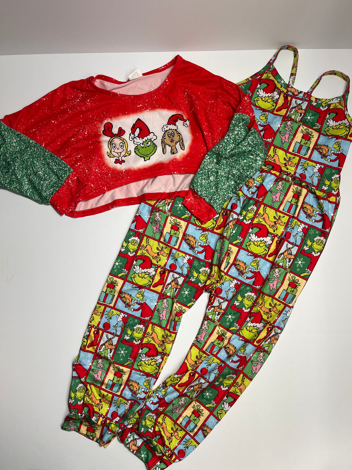 #150 girls boutique 7/8 grinch jumpsuit and over shirt