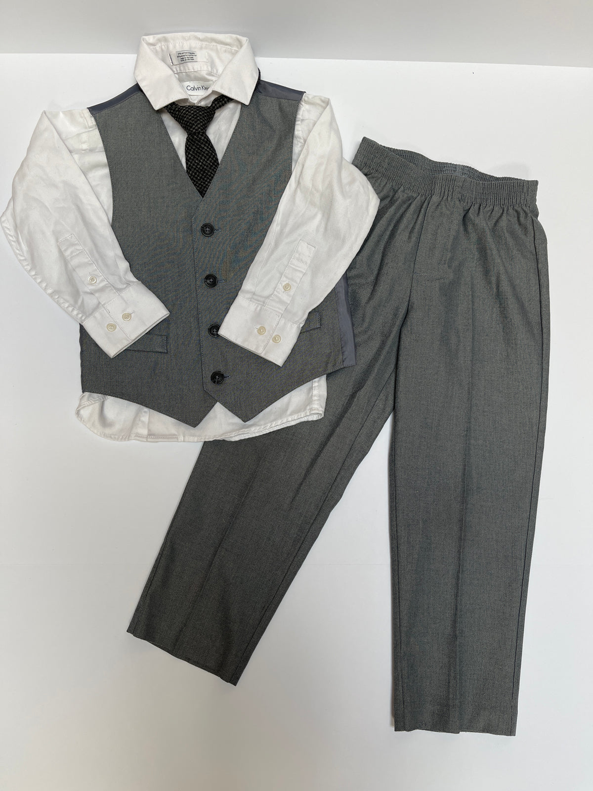 #150 boys 5 Calvin Klein, white, button-down shirt, and gray Nautica suit with tie
