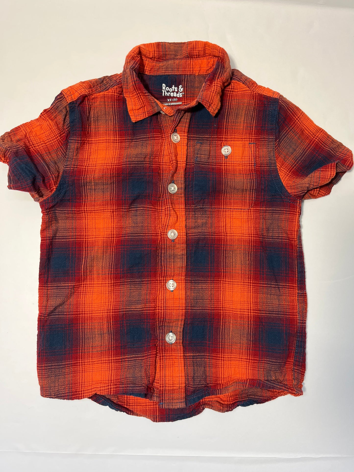 #150 REDUCED boys size xs 5 roots and threads orange plaid button down