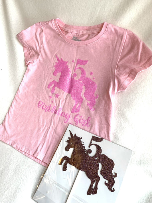 Size 6 Pink Unicorn “5th Birthday” Shirt and Cake Topper Set