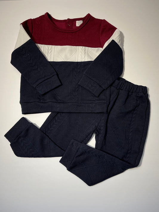 #150 boys 3/4 year navy maroon long sleeve shirt and pants set