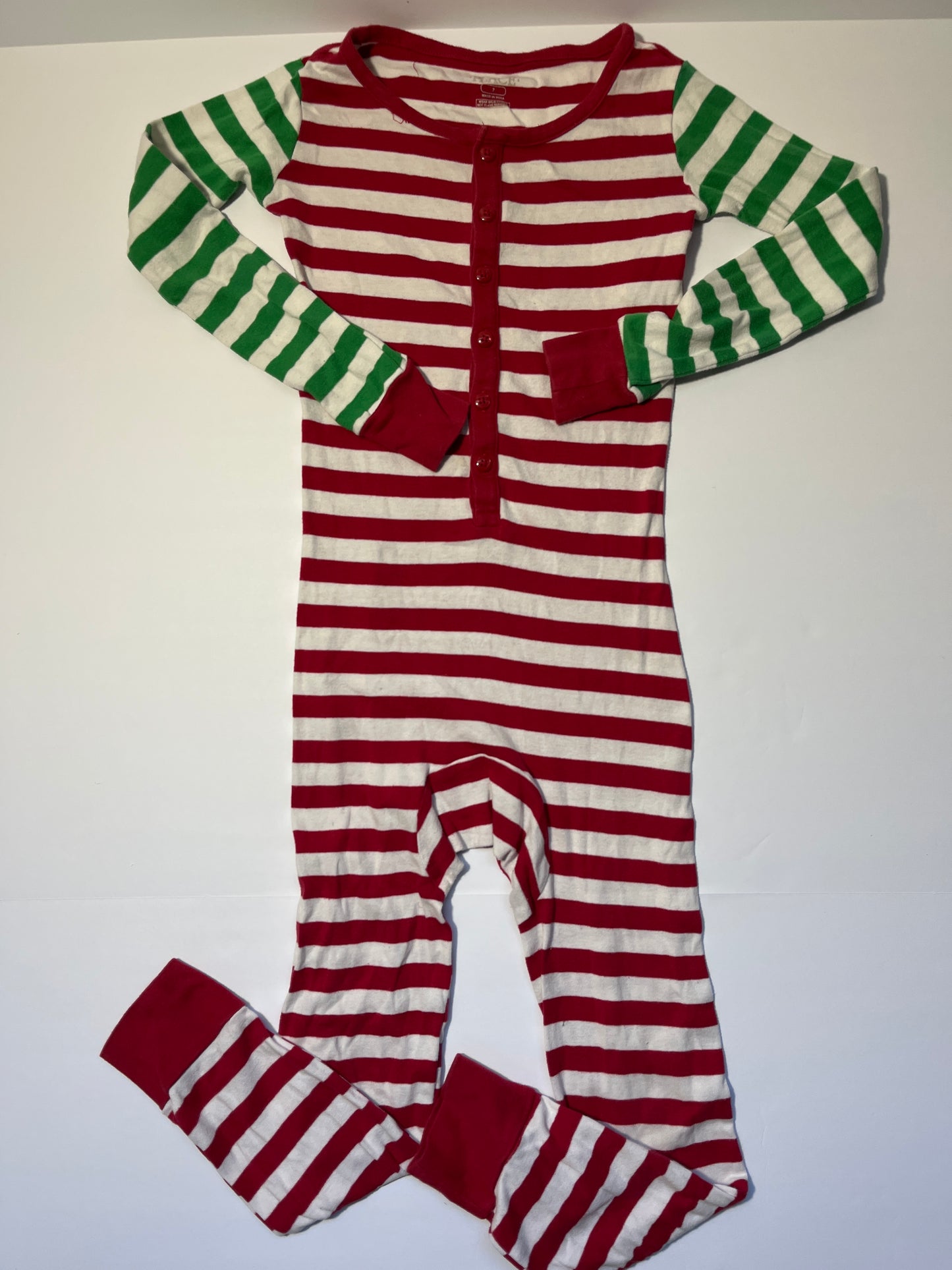 #150 girls children’s place size 7 footless red green stripe pajamas
