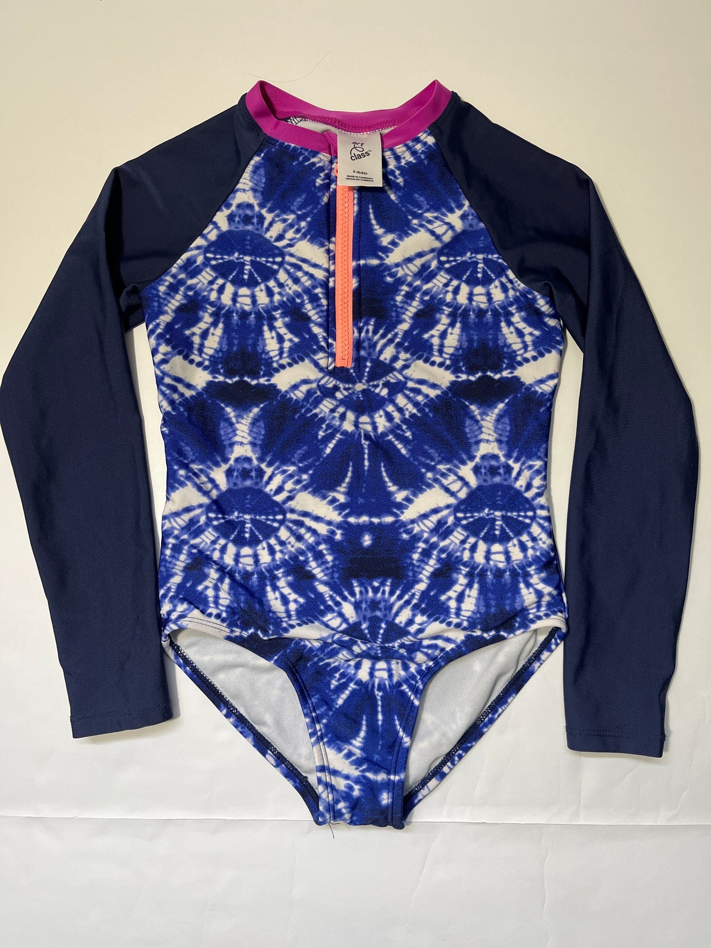 #150 REDUCED girls art class size 6/6x long sleeve blue tie dye swimsuit