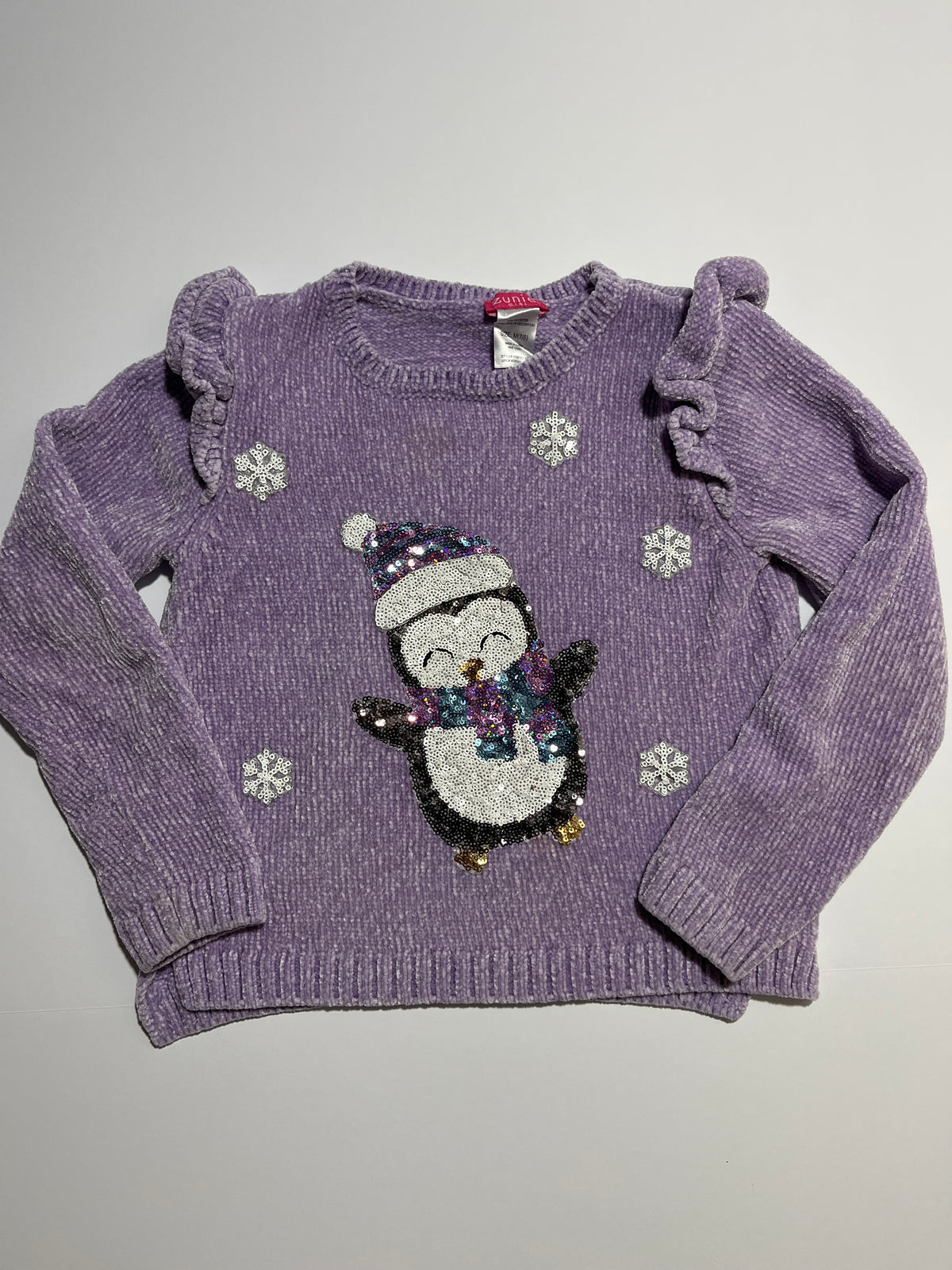 #150 girls 7/8 zunie girl purple penguin chenille sweater