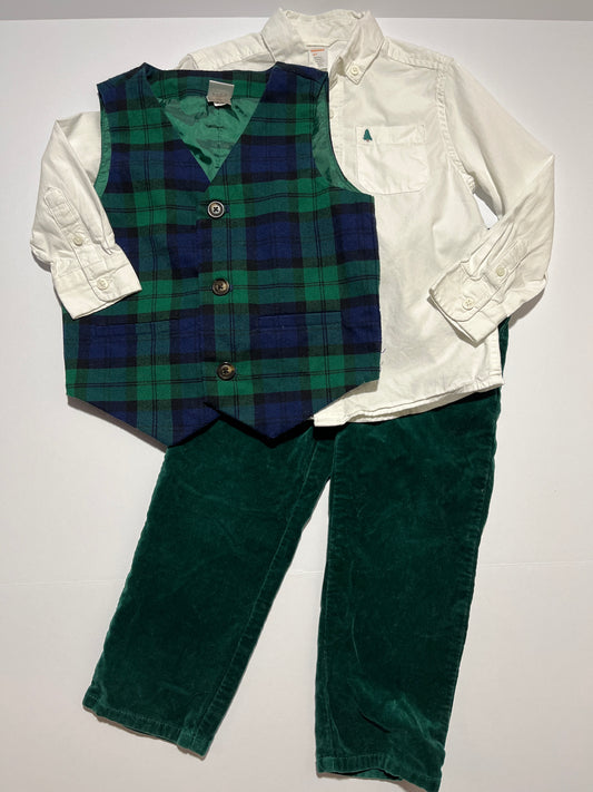 #150 boys 4t Gymboree green blue plaid vest, velvet pants, white button down shirt outfit