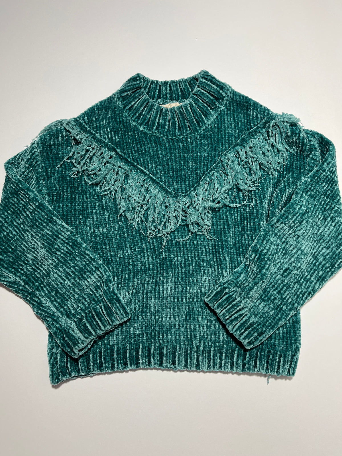 #150 girls size 7 Jessica Simpson chenille soft teal sweater with fringe