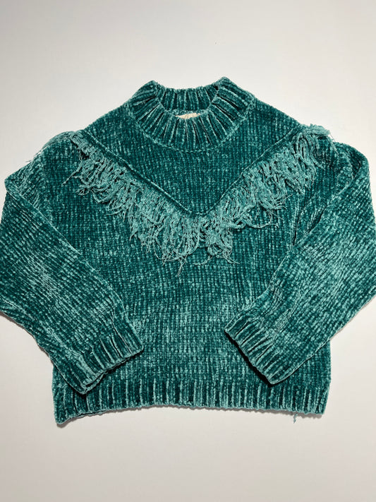 #150 girls size 7 Jessica Simpson chenille soft teal sweater with fringe