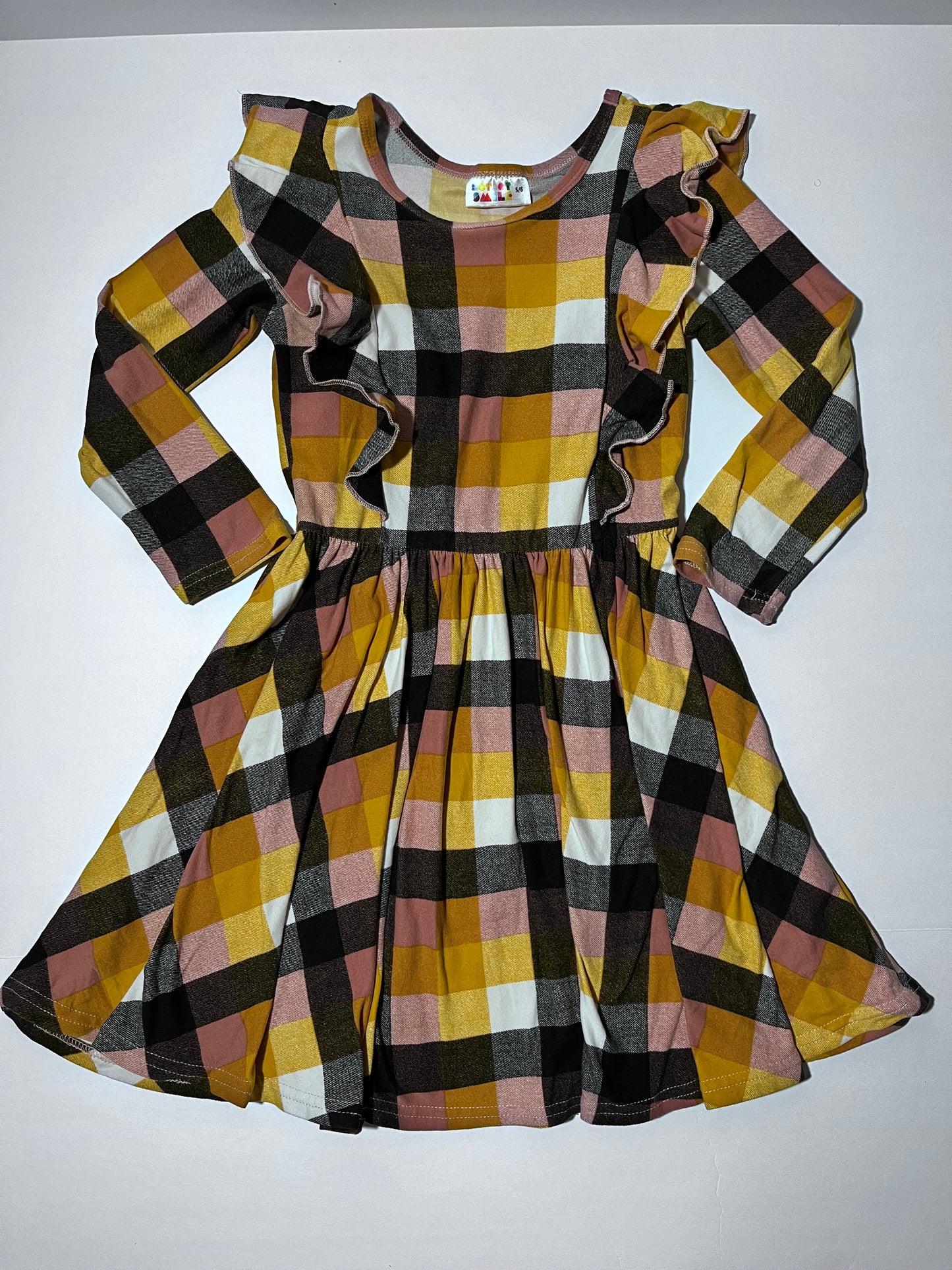 #150 girls size 5/6 dot dot smile yellow black plaid ruffle dress