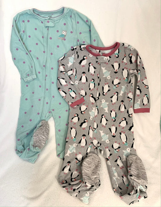 Seller #151 - REDUCED - Size 4T Girls Carters Fleece Footed PJ's - Aqua Owl and Grey Penguin