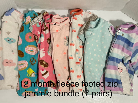 girls 12 month, fleece footed zip jammies, 7 pair bundle