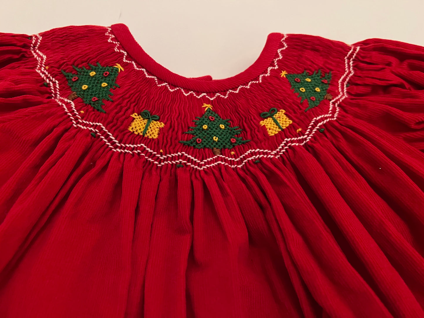 #77B Girls 2T Southern Smocked Company Red Corduroy Christmas Tree Smocked Holiday Dress