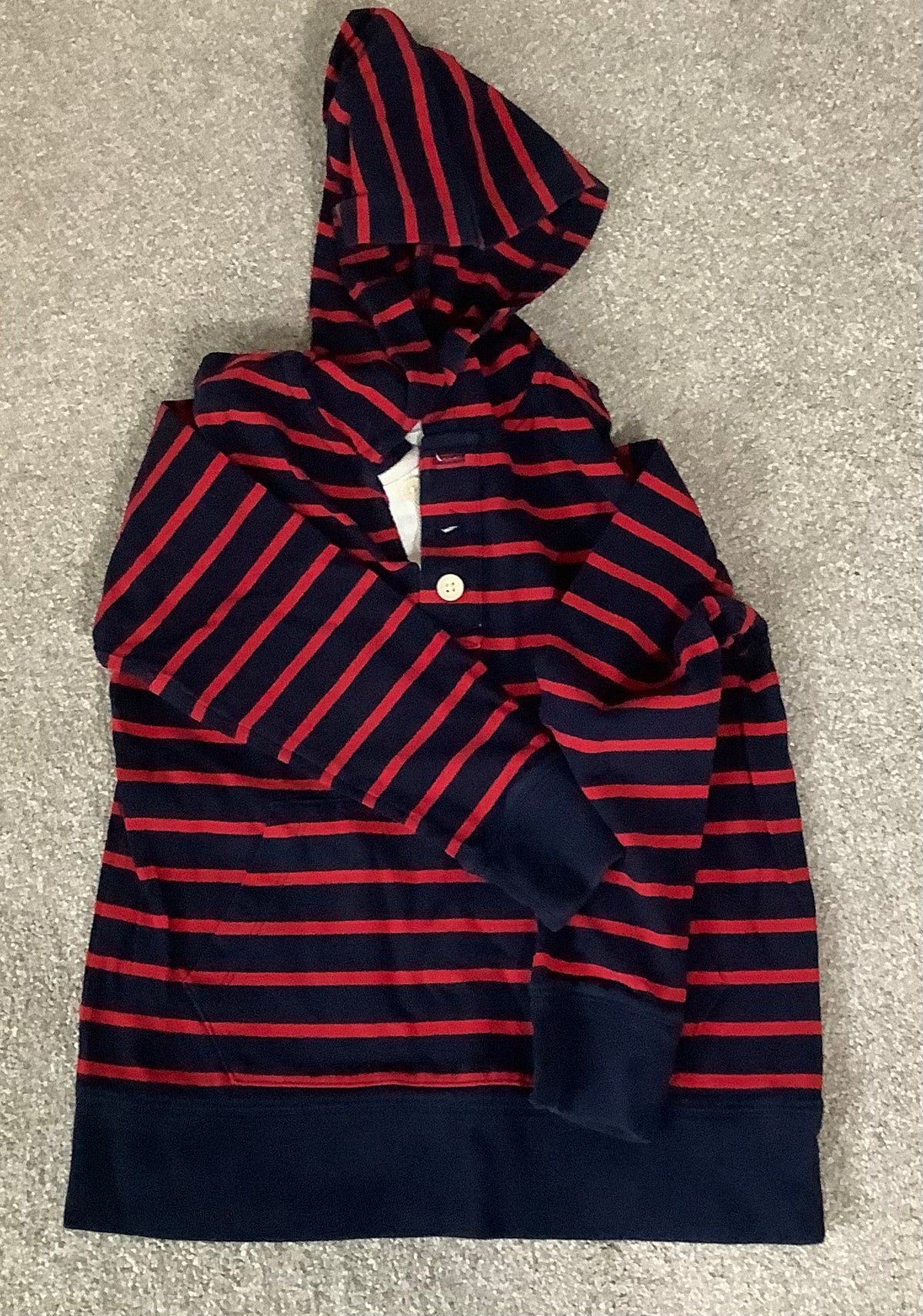 #130 Crewcuts Navy red stripe hooded pullover Sz 6-7