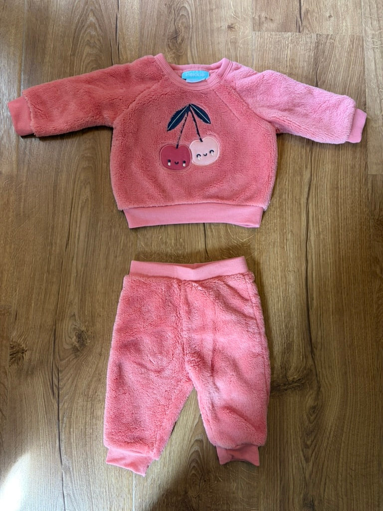 #6 - Pekkle Girls Fuzzy Pink Outfit with Cherries - 3 months