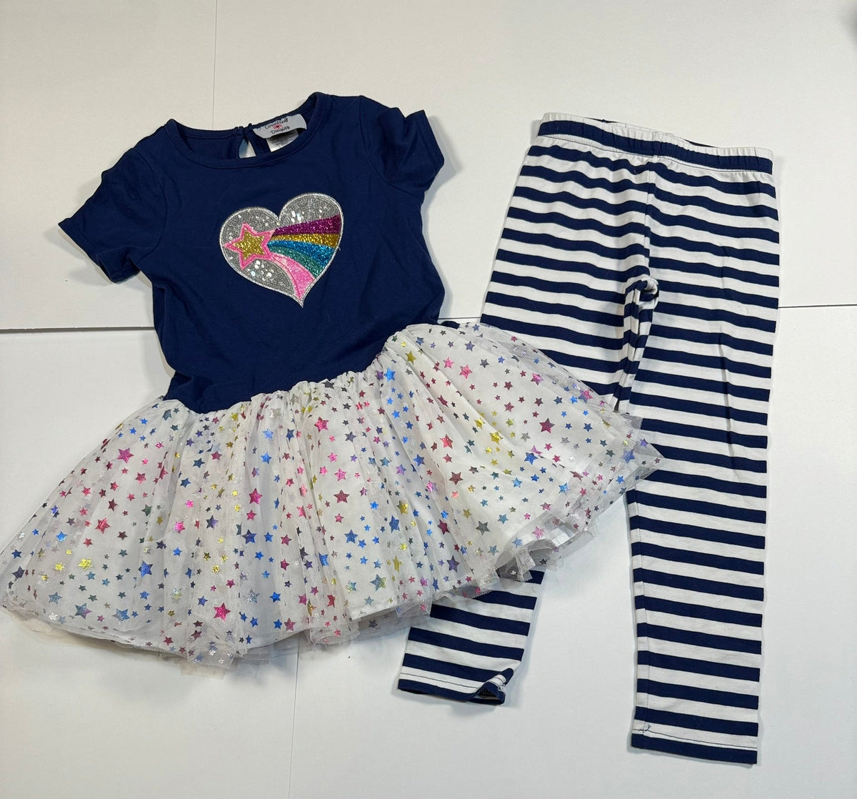 #141 Girls 5 Counting Daisy Rainbow Tulle Set with Navy and White Striped Pants