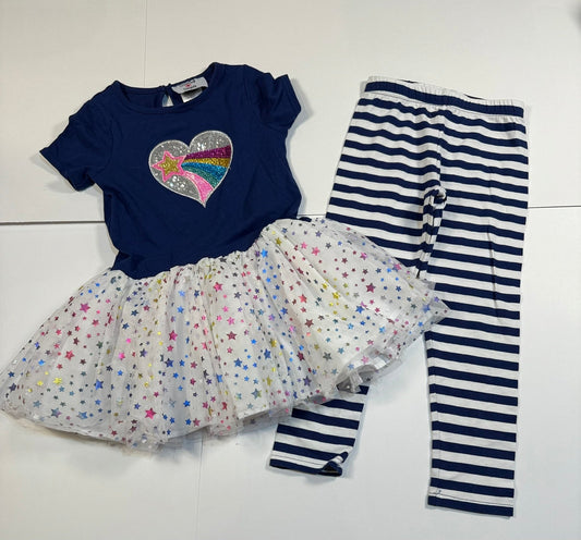 #141 Girls 5 Counting Daisy Rainbow Tulle Set with Navy and White Striped Pants