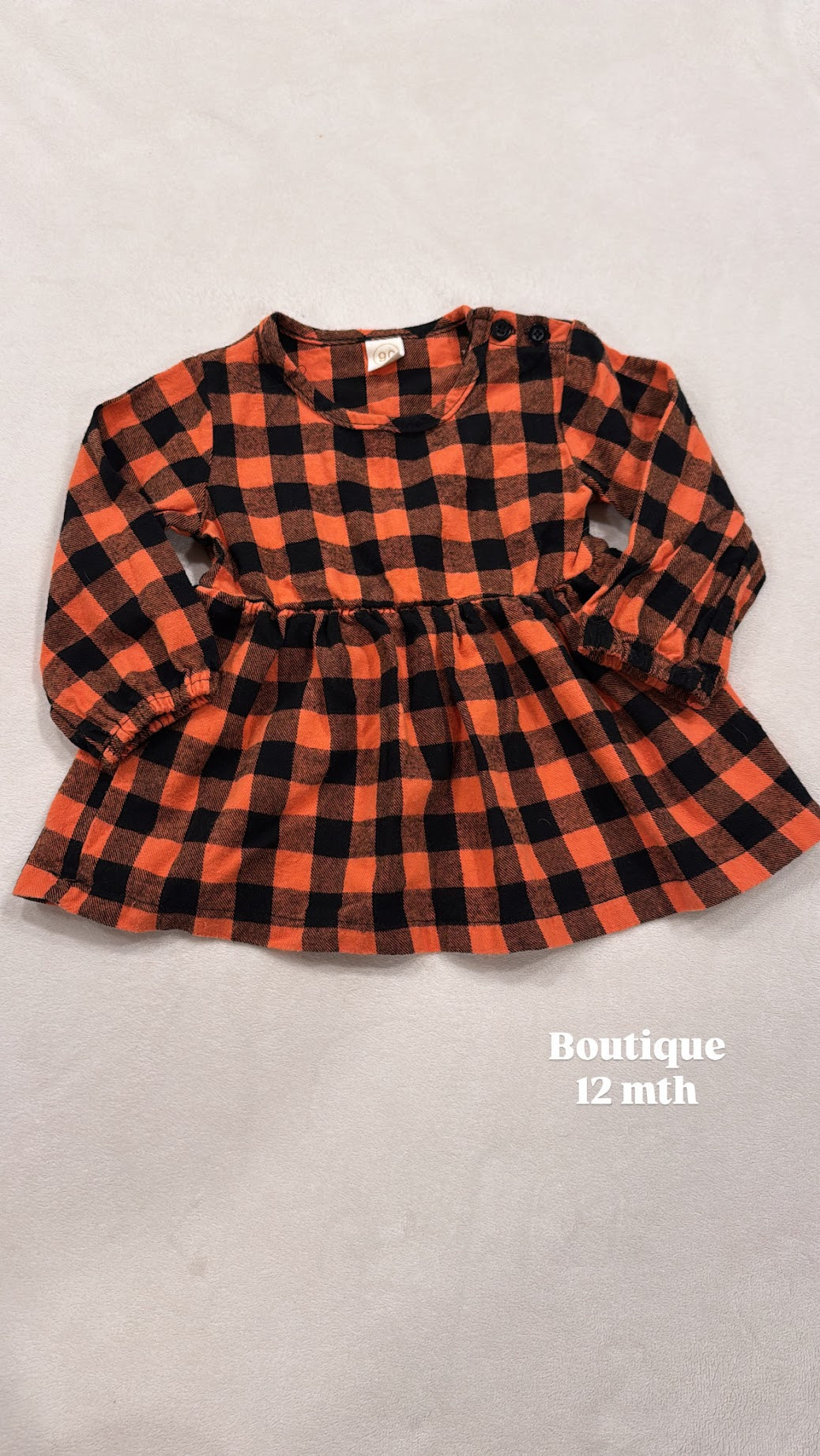 #145 Boutique orange checkered flannel dress Girls 12 mth EUC