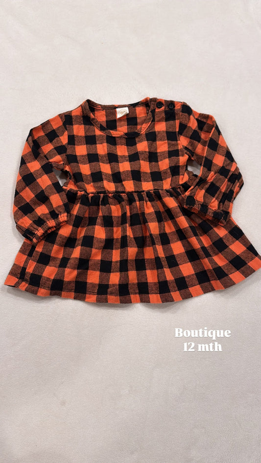 #145 Boutique orange checkered flannel dress Girls 12 mth EUC