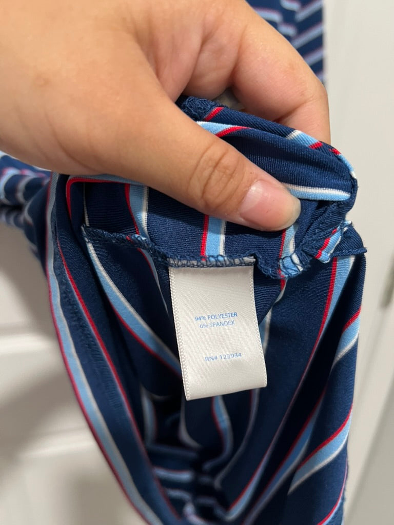 Seller #76 - Southern Tide Men's Polo - Blue W/ Red and White Stripes - Size Medium