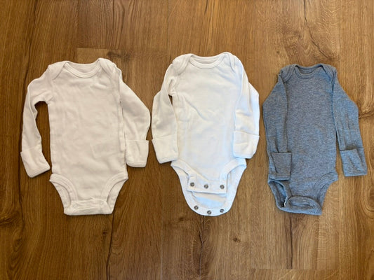 #6 - Carters Simple Joys Long Sleeved Onesies/Bodysuits - Set of 3, White and Grey - Gender Neutral - Newborn
