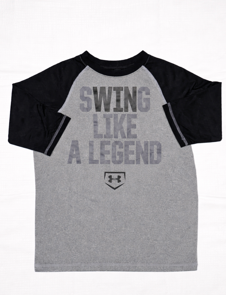 #91 REDUCED Boys YS Under Armour  performance shirt - black/grey, "Swing Like a Legend" EUC
