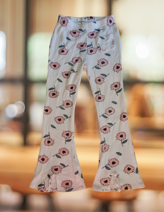 #59 Girls Size Medium Flare Legged Pants with Flowers Cream and Pink