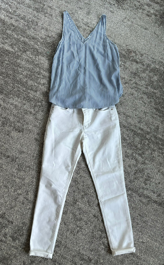 Woman's Small Old Navy Sleeveless Striped Tank + Super Skinny Ankle Jeans Bundle White Blue