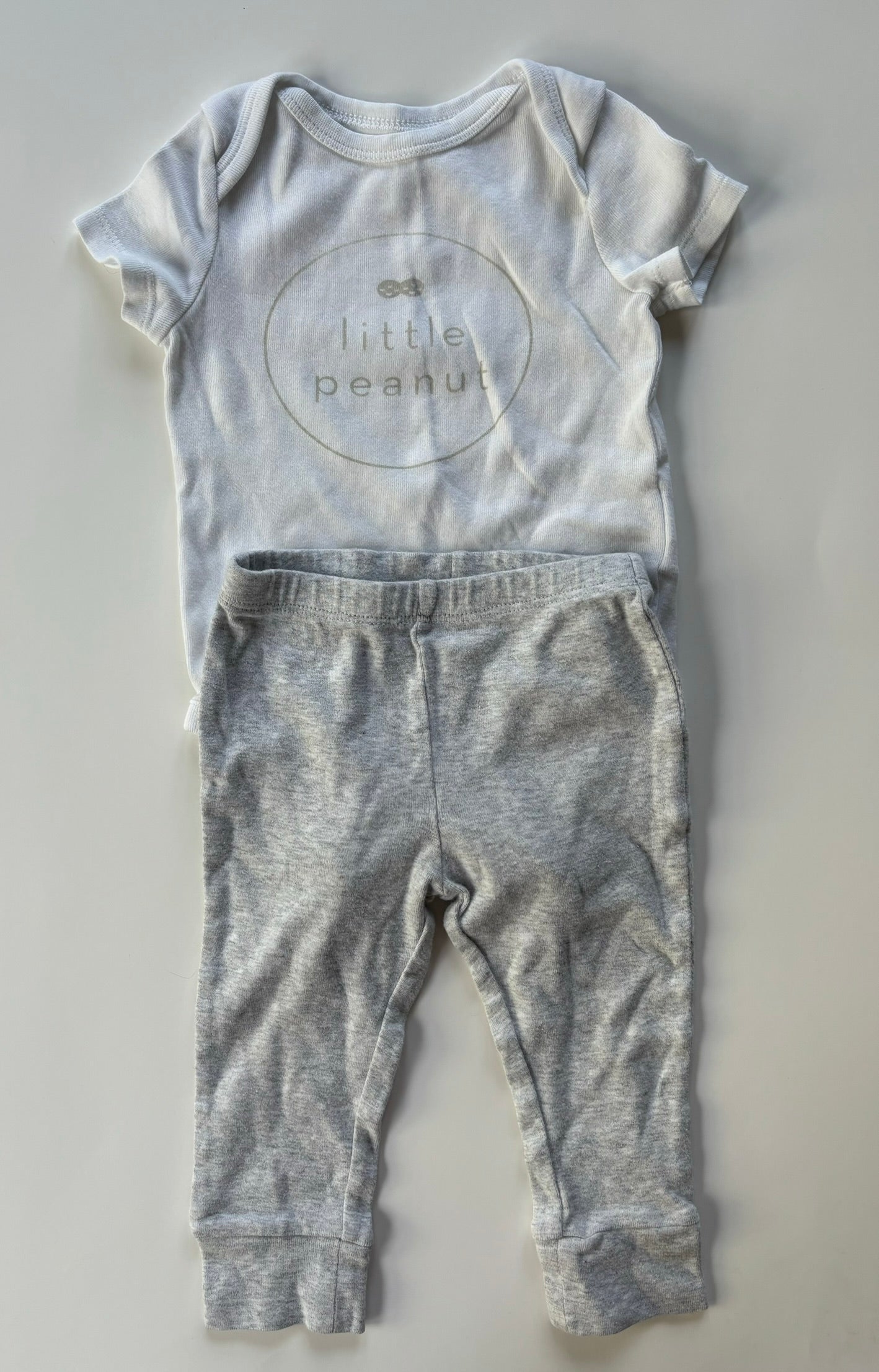 Gender Neutral 6 month Little Peanut Short Sleeve Onesie + Pants White Gray