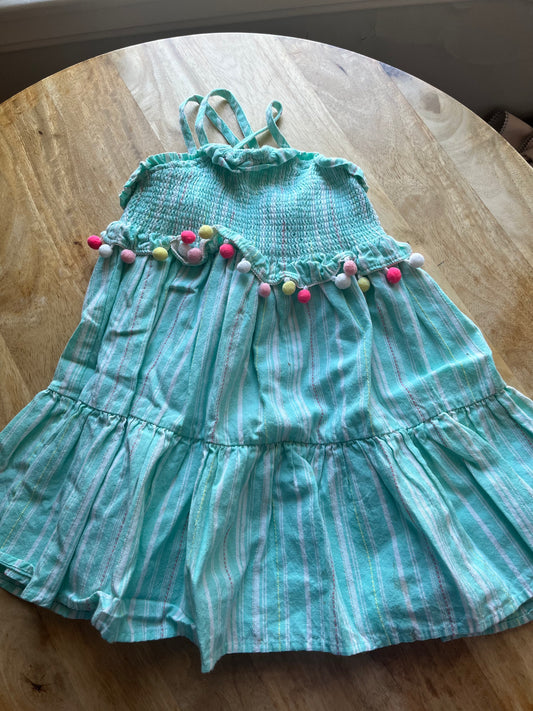 #97- Tahari Girls 4T Mint Green Smocked Tiered Dress with Pom Pom trim