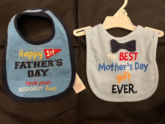 REDUCEDHoliday Bibs: Set of two: Father’s Day & Mother’s Day (baby’s first)