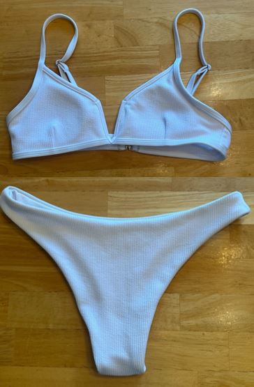 Women's White Textured Bikini Set | Minimal Triangle Top & Cheeky Bottoms | Size Small