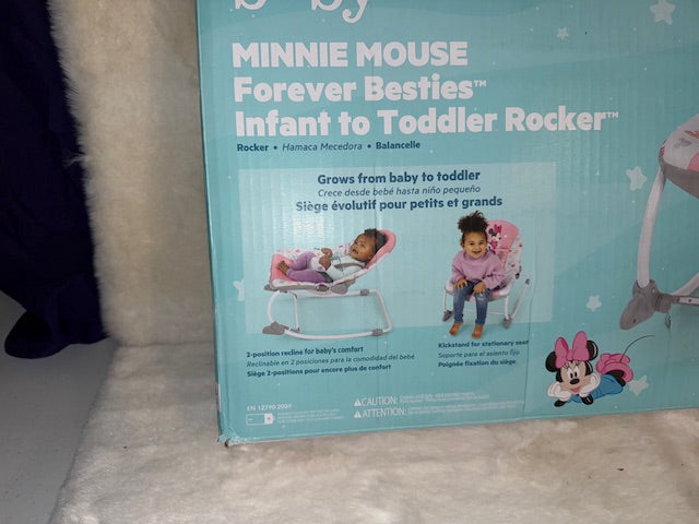 #84 Minnie Mouse Disney baby 2-in-1 Slip Resistant Vibrating Infant & Toddler Baby Rocker Chair by Bright Stars. NIB (reduced)