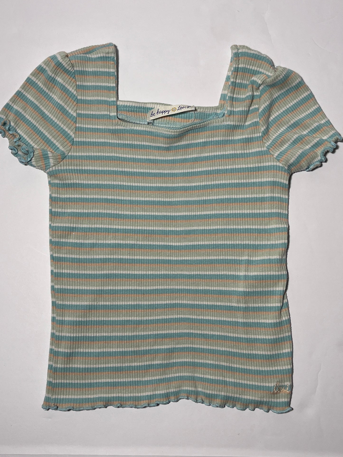 #150 REDUCED girls size 8-10 Levi ribbed teal coral stripe fitted shirt
