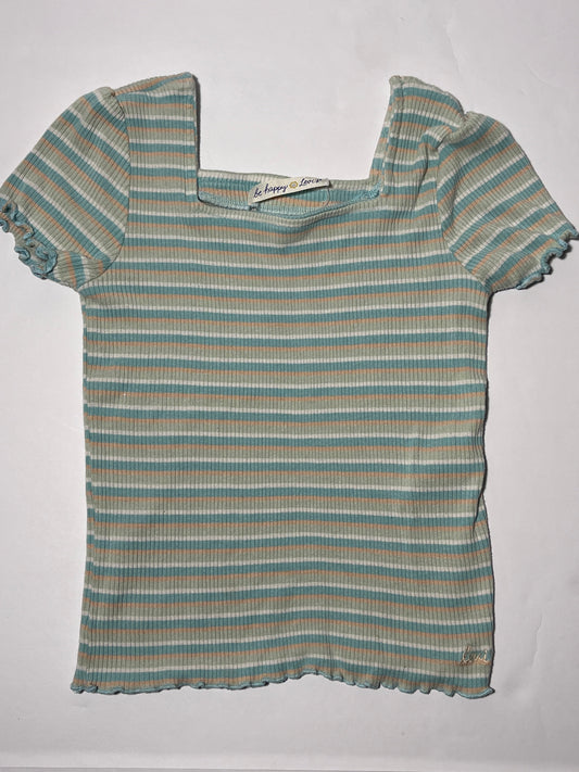 #150 REDUCED girls size 8-10 Levi ribbed teal coral stripe fitted shirt