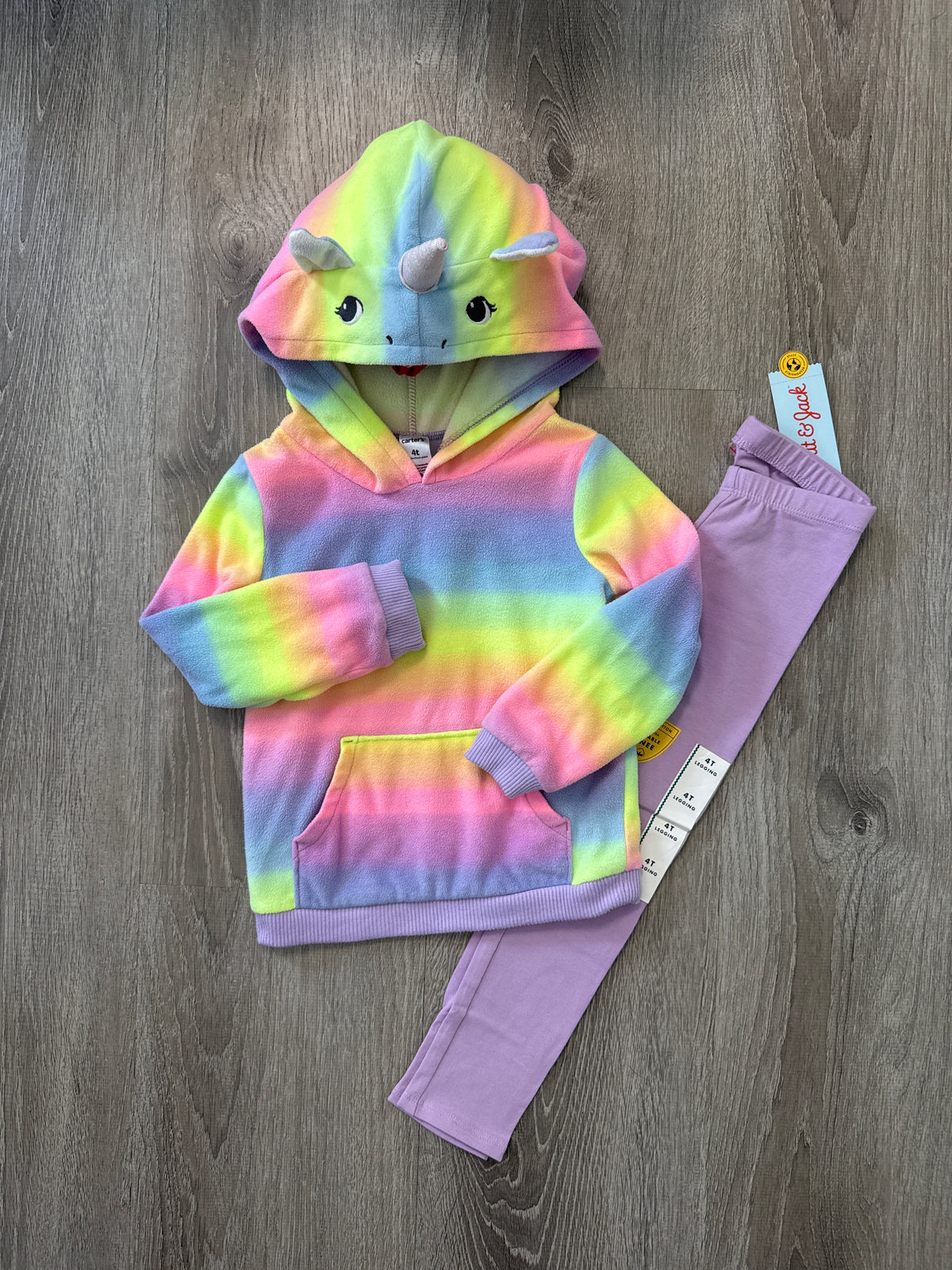 #149 Girls 4T rainbow unicorn hoodie with new purple leggings