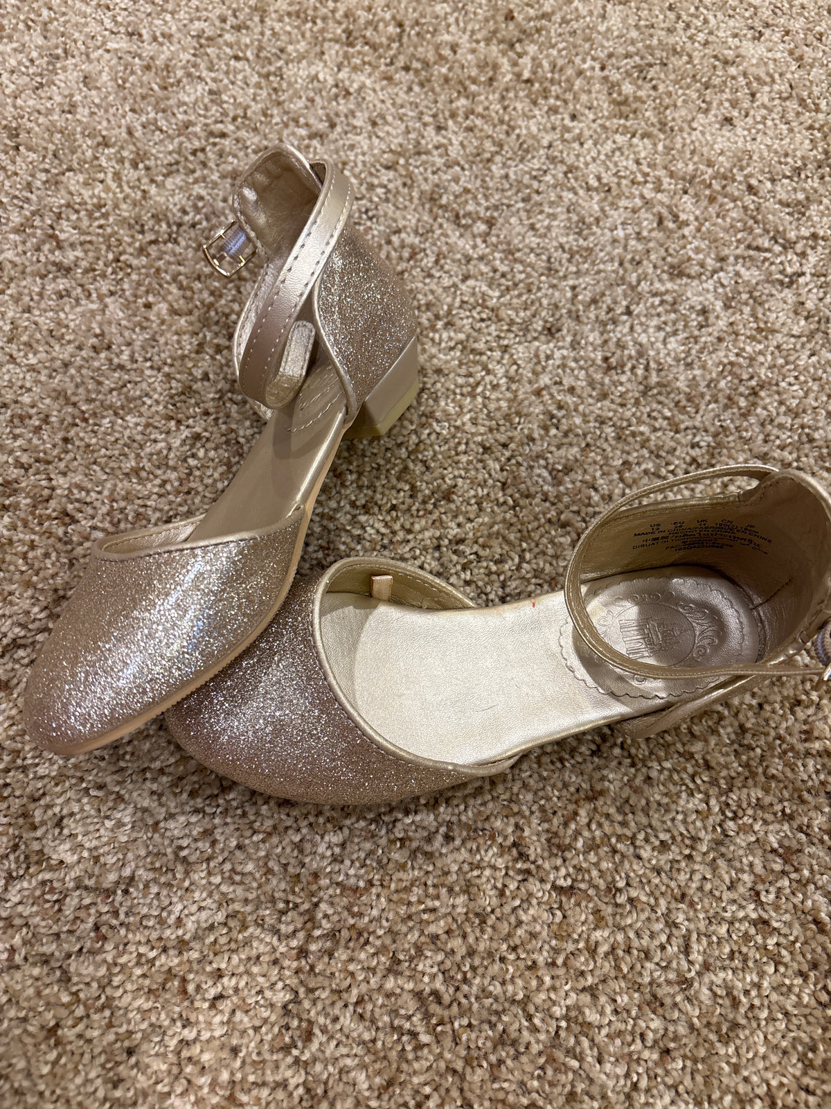 #47 girls shoes size 12, Disney, gold sparkly heels