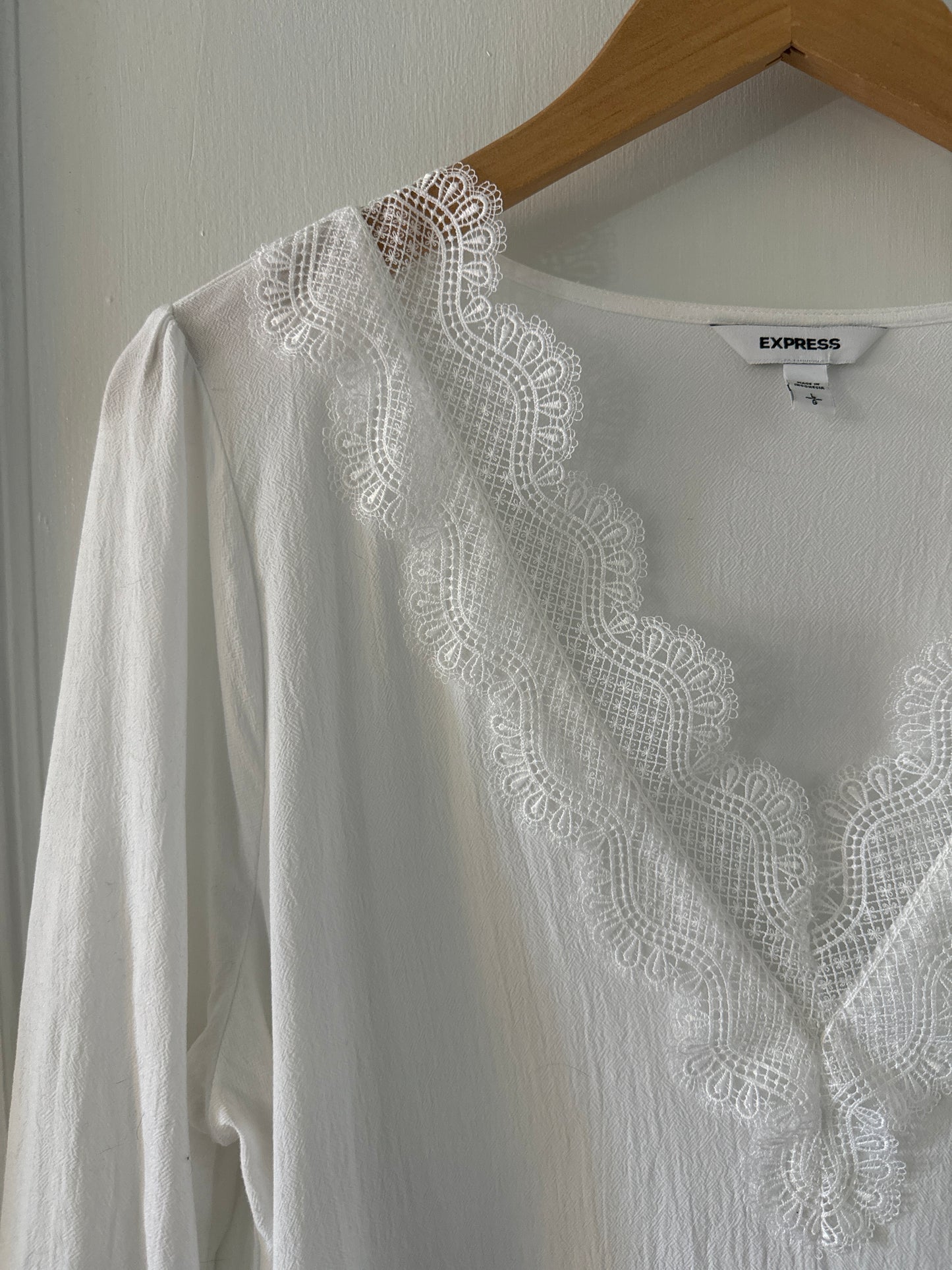 Express Long Sleeve Lace Trimmed V-Neck Blouse, Size L, Like New, PPU Norwood