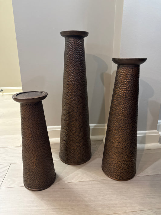 Seller #216 Copper candle holders, 19.5, 16.25 and 12.5 inches